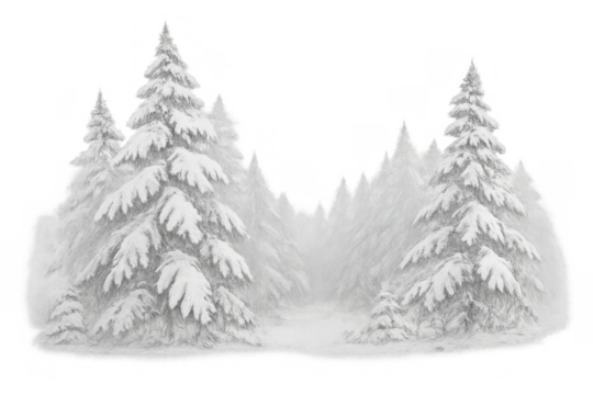 Winter forest scene with pine trees covered in snow, experiencing a blizzard and snowstorm on transparent background