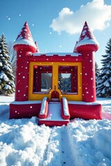 Snowy bounce house castle, festive inflatable slide, green, slide