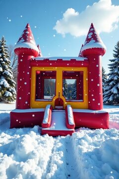 Snowy bounce house castle, festive inflatable slide, green, slide