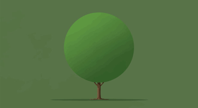 A stylized tree with a rounded oval canopy and brown trunk, on a green background