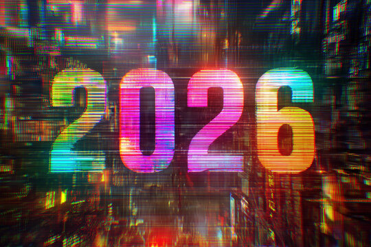celebrate 2026 with vibrant colored numbers in pixelated glitch style on screen display technical futuristic black background, illustrated