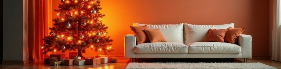Warm orange-toned Christmas tree with white sofa, serene, ambiance