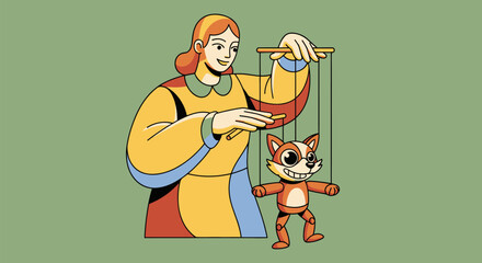 A woman in a colorful dress manipulates a fox puppet with a cheerful expression