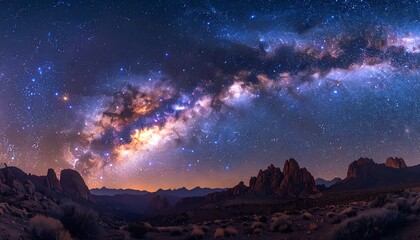 Expansive nightscape featuring the vibrant Milky Way arching over a rugged desert mountain range under a starry sky