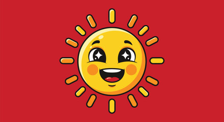 Cartoon sun with happy face and rays, on a red background