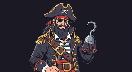 A stern-faced pirate with a black beard, eye patch, hook hand, and tricorn hat