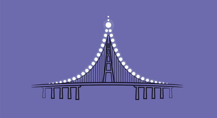 Stylized illustration of a suspension bridge with dotted lights, purple background