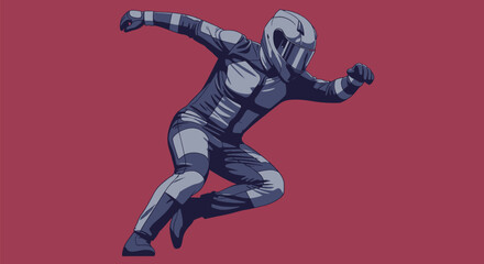 Pixelated illustration of a person in racing attire, mid-stride, on a red backdrop