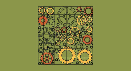 A square grid filled with various colored gears against a light green background