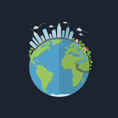 Planet earth with city skyline and houses. Global environment.