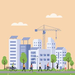 Obraz premium Cityscape with solar panels, crane, people walking and riding bicycles.