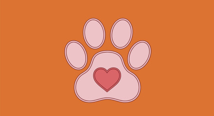 A pink paw print with a heart overlay on an orange background