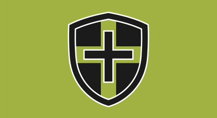 A shield features a black cross on a green field. It has a white outline and black border