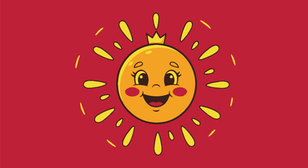 A cartoon sun with a crown, rays, and rosy cheeks against a red background
