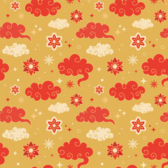 Asian Seamless Pattern. Gold Background with Red Chinese Cloud Motifs and Floral Elements. Chinese New Year Seamless Pattern with Clouds and Flowers. Traditional Asian Design