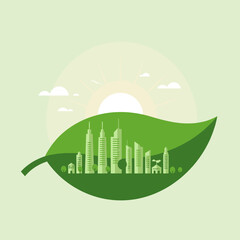 Obraz premium Green city skyline inside leaf. Ecological development concept.