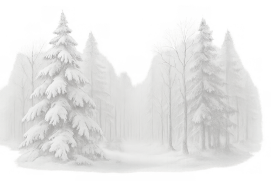 Winter forest landscape with snow covered pine trees and snowdrifts on transparent background - Powered by Adobe