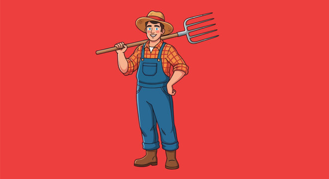 A smiling farmer stands holding a pitchfork on his shoulder, wearing overalls and a straw hat