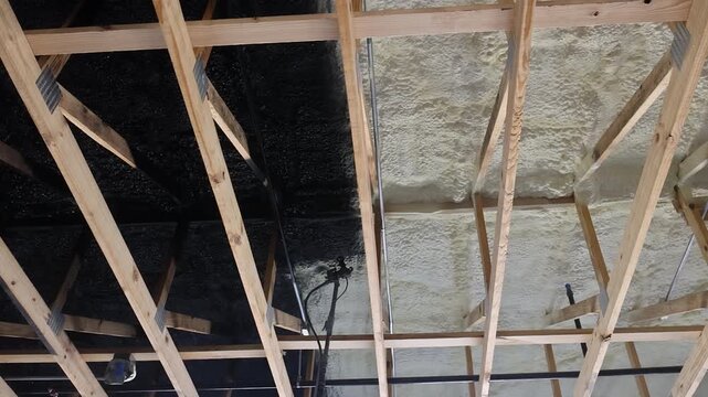 Worker on ladder is spraying black paint over foam insulation on wooden beams during renovation.