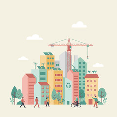 Obraz premium Green city with solar panels, wind turbines, and people walking.