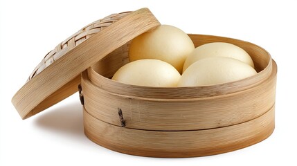 Steamed buns in a wooden steamer placed on a white background, suitable for use in food magazines, presented in a traditional culinary classic style.