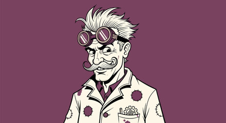 A mad scientist with wild hair, goggles, and a mustache, with lab coat and gear pocket