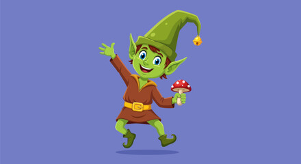 A happy green creature in a brown tunic, green hat, holding a mushroom and on a purple background