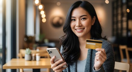 Young asian woman smiling and holding a smartphone and credit card, ready for online shopping in a cafe