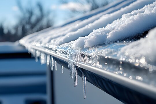 Frozen Roof Gutter in Winter