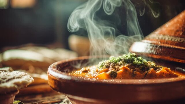 A table with a large pot of food and several bowls of food. The table is set for a meal and the food looks delicious