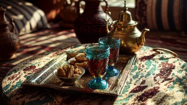 A tray of food and drinks is set on a table. The tray contains two cups of tea, a bowl of nuts, and a plate of cookies. The tablecloth is colorful and the overall mood of the image is warm