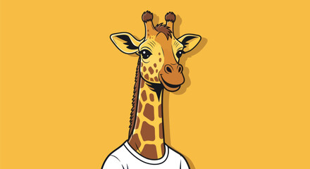 A friendly giraffe wearing a white t-shirt, cartoon-style, on a yellow background © gudangPIXEL