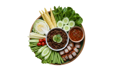 Chili paste crabs in a spicy dipping sauce made with fresh carved vegetables, boiled bamboo shoots, and crispy pork, all in the local Northern Thai style.
