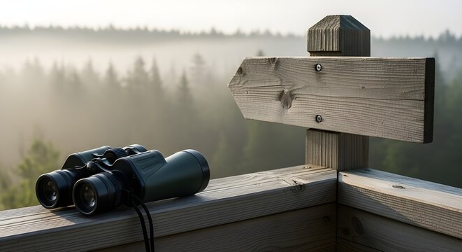 Binoculars resting on a wooden railing next to a nature trail signpost, early morning mist enveloping distant forest.