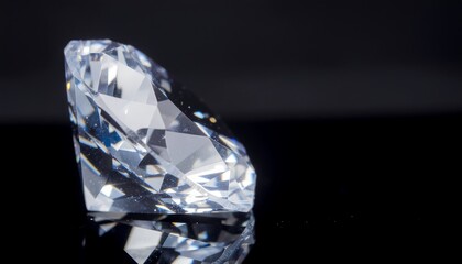 A dazzling diamond on a reflective black surface, showcasing its facets and brilliance in a simple yet elegant composition