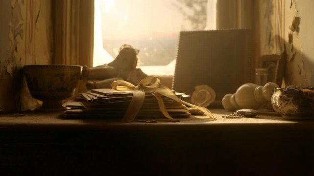 A stack of ribbon-tied letters rests on a dusty mantlepiece alongside vintage porcelain figures, a dark frame, and an ornate cup, illuminated by a hazy, golden window light, evoking forgotten memorie