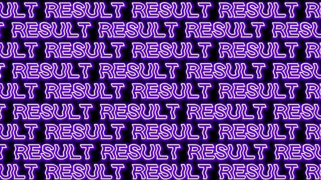 "RESULT" purple neon moving Text isolated Black Background. Trading Words, Business Concept.	