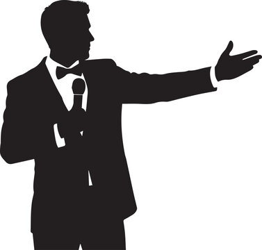 Silhouette of a man in a tuxedo presenting with microphone in hand at a formal event.