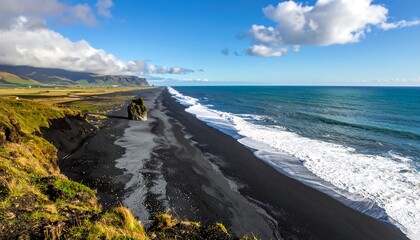 Expansive panorama of a black sand beach where foamy white waves crash against the shore. Overcast sky, rolling hills in distance