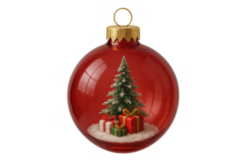 Red glass christmas ornament featuring a miniature tree and wrapped gifts, symbolizing holiday traditions