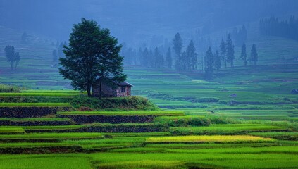 A serene rural landscape showcases terraced rice paddies, a solitary house nestled amongst lush greenery, and a solitary tree, bathed in soft morning light.