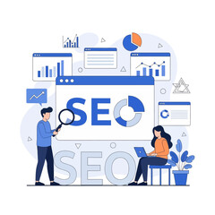 Flat illustration of two people working on seo optimization and analysis