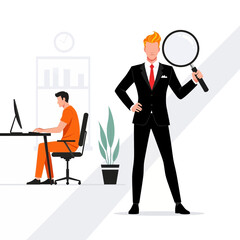 Flat illustration of business man with magnifying glass and prisoner working on computer