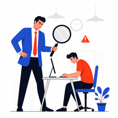 Flat illustration of boss with magnifying glass watching employee working