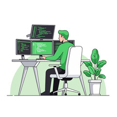 Flat illustration of programmer coding on multiple monitors