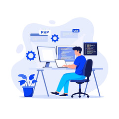 Flat illustration of software developer working on computer with php and css