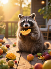 Fat Raccoon Enjoying Tropical Fruit
