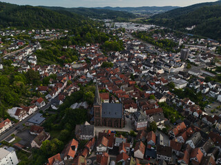 Aerial View of European Town with Central Church