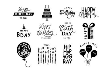 Fototapeta premium Happy Birthday logo set vector background. Monochrome design element for greeting cards, banner, print with lettering typography text sign, quote, cake, candle, gift, balloon isolated on white