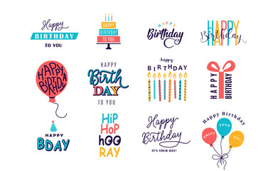 Naklejka premium Happy Birthday logo set vector illustration. Design element for greeting cards, banner, print with lettering typography text sign, quote, cake, candle, gift, balloon isolated on white background